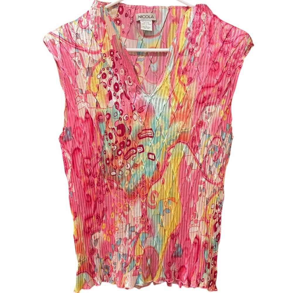 NICOLA Pink Yellow Blue Abstract Pleated V-Neck Sleeveless Top